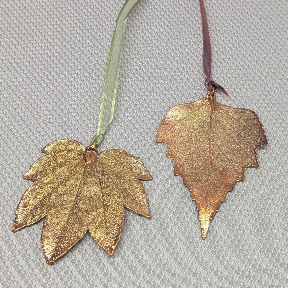 VTG Real Leaf Copper (?) Dipped Ornaments Set of 2 Maple Birch Botanical Decor